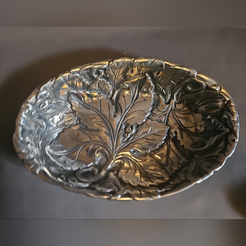 Vintage Pewter Serving Dish, Heavy Cast Oval Serving Dish, Leaf Pattern 11 1/2"